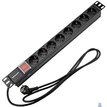 Rexant (04-0104-1) Блок распределения питания для 19" шкафов, горизонтальный, 8 розеток СЕЕ 7/4, 16A, выкл, алюм корп, шнур 2м, вилка СЕЕ 7/7