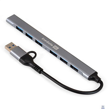 Exegate EX299790RUS USB-Хаб (концентратор) 7-в-1 ExeGate DUB-761C3 (кабель-адаптер USB Type-A + Type-C --> 6xUSB2.0, 1xUSB3.0, Plug&Play, серебристый)