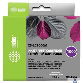 Картридж струйный Cactus CS-LC1000M пурпурный (20мл) для Brother DCP 130C/330С/MFC-240C/5460CN