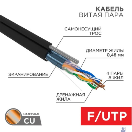 PROconnect (01-0155) Кабель F/UTP, CAT 5e, PE 4х2х0,48мм, 24AWG, внешний, черный, 305м, с тросом