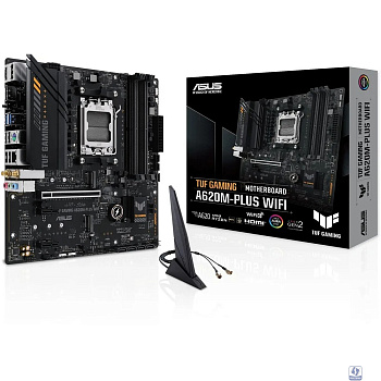 ASUS TUF GAMING A620M-PLUS WIFI (Socket AM5, mATX, 4xDDR5(128GB), 2xDP/HDMI 2.1, 1xPCIe 4.0x16/2xPCIe 3.0, 1xLAN (2.5GbE), Wi-Fi, BT, 4xSATA 6Gb/s, 2xM.2, 2xUSB 3.2, 4xUSB 2.0, 1xPS/2)