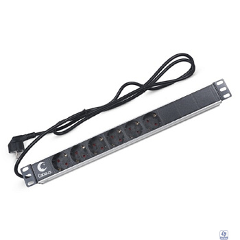 Cabeus PDU-6P-2EU Блок евророзеток для 19" шкафов, горизонтальный, 6 розеток, 16 A, без выключателя, шнур 2м, алюминиевый корпус, немецкий стандарт