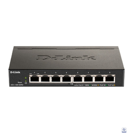 D-Link DGS-1100-08PV2/A4A Настраиваемый L2 коммутатор с 8 портами 10/100/1000Base-T (8 портов PoE 802.3af/at, PoE-бюджет 64 Вт)