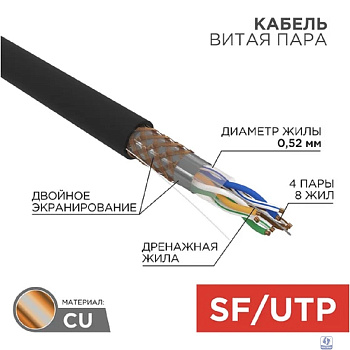 Rexant (01-0344) Кабель витая пара SF/UTP, CAT 5e, PE, 4PR, 24AWG, OUTDOOR, SOLID, черный, 305м
