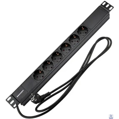 Rexant (04-0101-1) Блок распределения питания для 19" шкафов, горизонтальный, 6 розеток СЕЕ 7/4, 16A, без выкл, алюм корп, шнур 2м, вилка СЕЕ 7/7