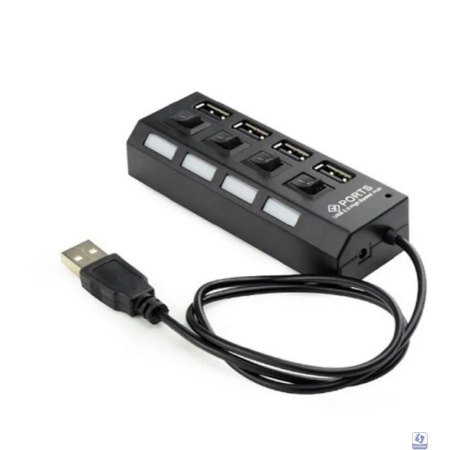 Gembird Разветвитель USB2.0  4xUSB, блок питания 2А, подсветка и выкл, кабель USB 55см, черный (UHB-U2P4-02A)