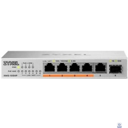 Коммутатор/ Мультигигабитный PoE++ коммутатор Zyxel XMG-105HP, 5xRJ-45: 1/2.5G (4 из них PoE++), 1xSFP+, настольный, бесшумный, бюджет PoE 70 Вт