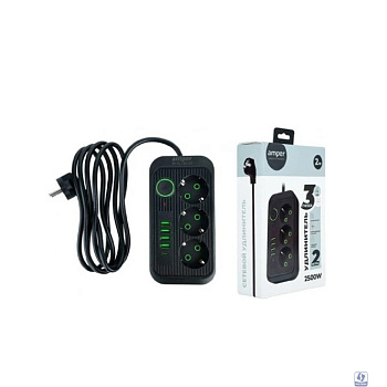 Amper сетевой удлинитель, 2,0м, 3 розетки, 3*0,75мм, 10А, 2500 Вт, 4usb, 1Type-C, черный. [JH-1074U-2B]
