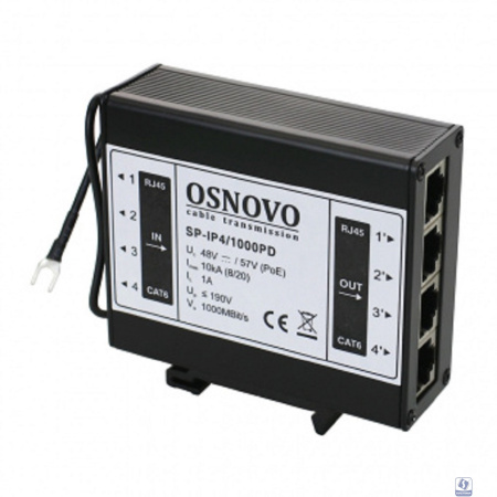 SP-IP4/1000PD Устройство грозозащиты для локальной вычислительной сети на 4 порта (скорость до 1000 Мбит/с) с защитой линий PoE (802.