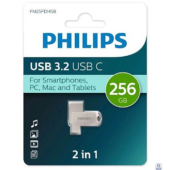PHILIPS USB Drive 256Gb PHILIPS 2-in-1 USB 3.2 USB C, OTG, USB 3.2/Type-C, Металл, 100 MB/s