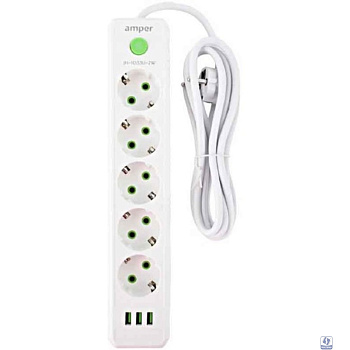 Amper сетевой удлинитель, 2,0м, 5 розеток, 10А, 2500 Вт, 3usb, белый. [JH-1033U-2W]