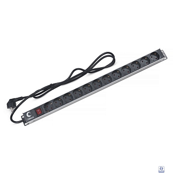 Cabeus PDU-12P-2EU Блок евророзеток для 19" шкафов, 12 розеток, 16 A, выключатель, шнур 2м, алюминиевый корпус, немецкий стандарт
