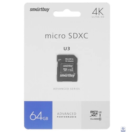 Micro SecureDigital 64GB Smartbuy Advanced Class 10/U3/V30/A1; R/W up to 90/55 (с адаптером SD)