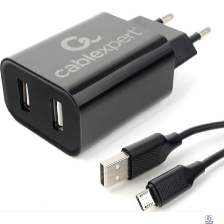 Cablexpert Зарядное устройство 12Вт, 2.4А, 2xUSB, кабель Micro USB 1м, черный, коробка-блистер (MP3A-PC-35)