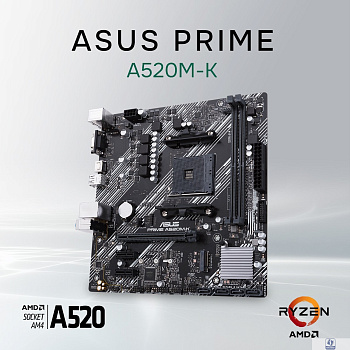 ASUS PRIME A520M-K (Socket AM4, mATX, 2xDDR4(64GB),  VGA/HDMI 2.1, 1xPCIe 3.0x16/2xPCIe 3.0, 1xLAN, 4xSATA 6Gb/s, 1xM.2, 4xUSB 3.2, 2xUSB 2.0, 1xPS/2)