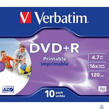 43508 Диски DVD+R Verbatim 16-x, 4.7 Gb, Printable (Jewel Case, 10шт.) 