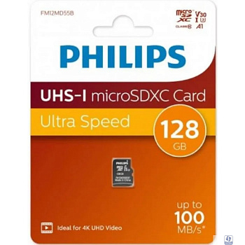 Micro SecureDigital 128GB Philips High Speed  microSDHC Class UHS-I U3, V30, A1, 100MB/s (FM12MD55B/97)