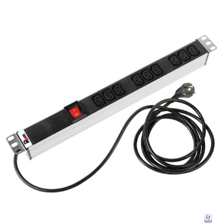 REM Блок розеток Rem-16 с выкл., 9 IEC 60320 C13, 16A, алюм., 19", шнур 3 м. (R-16-9C13-V-440-3)