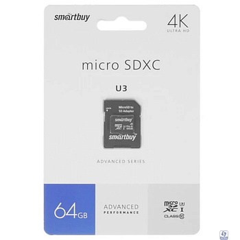 Micro SecureDigital 64GB Smartbuy Advanced Class 10/U3/V30/A1; R/W up to 90/55 (с адаптером SD)