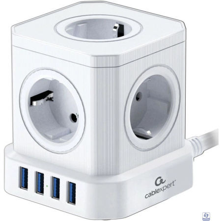 Cablexpert Сетевой фильтр Tower TWR-5-U4-W-3 (Tower 5р, 10А, 4 х USB, 3.1А, 3м, ур.защиты 4+) белый, коробка 