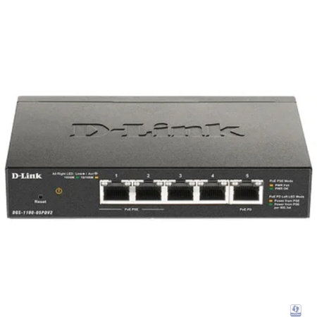 D-Link DGS-1100-05PDV2/A1A Настраиваемый L2 коммутатор с 5 портами 10/100/1000Base-T (2 порта PoE, 1 порт для питания коммутатора по PoE). (Питание осуществляется только по PoE.)