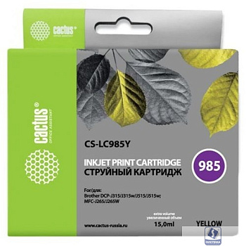 Картридж струйный Cactus CS-LC985Y желтый (15мл) для Brother DCPJ315W/DCPJ515W/MFCJ265W