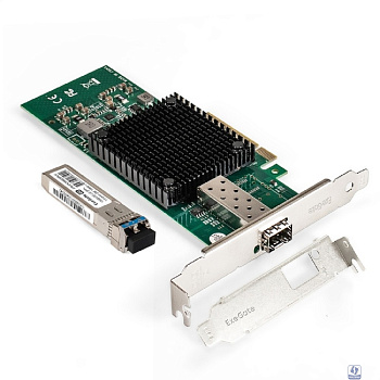 Exegate EX298940RUS Комплект: Сетевой адаптер SFP+ ExeGate EXE-X520-DA1 + Трансивер Single-Mode до 10км EXT-10G-SM1310-LC2-10KM (EX296227RUS PCI-E x8 v2.0, порты 1x SFP+ 10Gb/s (10/5/2.5/1Gb/s, 100Mb/
