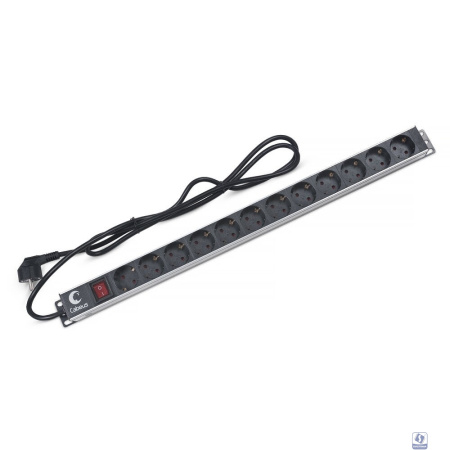 Cabeus PDU-12P-2EU Блок евророзеток для 19" шкафов, 12 розеток, 16 A, выключатель, шнур 2м, алюминиевый корпус, немецкий стандарт