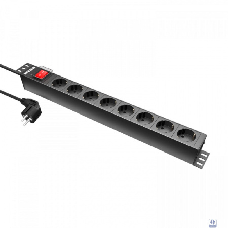 NTSS Блок розеток NTSS, 19", 1U, пластик, 1ф16А, 3.7кВт, (8) Schuko CEE , выкл. с подсв.и крыш., 1.8м каб., вил. Schuko NTSS-PDU-DA2032