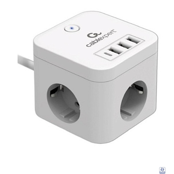 Cablexpert Сетевой фильтр Cube CUBE-3-CU3-W-1.5 (3р, 10А, 1xType-C PD, 3xUSB, 1.5м, ур.защиты 4+) белый, коробка