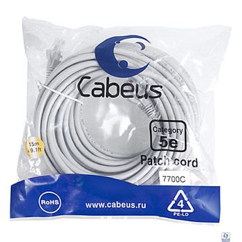 Cabeus PC-UTP-RJ45-Cat.5e-15m Патч-корд U/UTP, категория 5е, 2xRJ45/8p8c, неэкранированный, серый, PVC, 15м