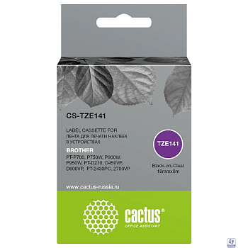 Картридж ленточный Cactus CS-TZE141 TZe-141 черный для Brother PT-P700, P750W, P900W, P950W, PT-D210, D450VP, D600VP, PT-2430PC, 2700VP
