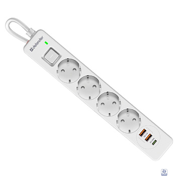 Defender Удлинитель с сетевым фильтром DFS 141 1.5 м,белый,4розетки,USB+TypeC [99433]