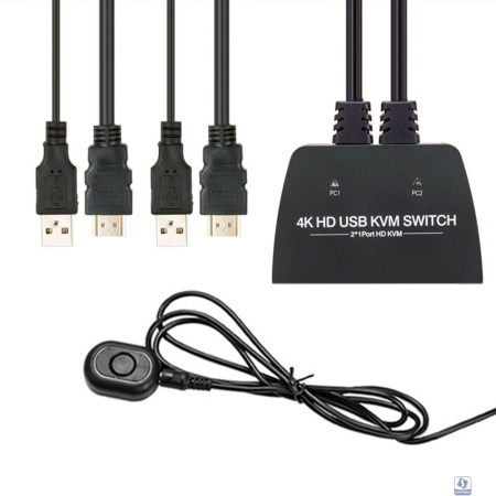 ORIENT HS21HC, HDMI KVM переключатель на 2 устройства, порты HDMI + 2xUSB (клавиатура+мышь) + 2xUSB 2.0, поддержка 4K@60Hz, встроенные кабели 2xHDMI+2xUSB2.0 1.2 метра, (33330)