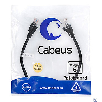 Cabeus PC-UTP-RJ45-Cat.6-0.3m-BK Патч-корд U/UTP, категория 6, 2xRJ45/8p8c, неэкранированный, черный, PVC, 0.3м