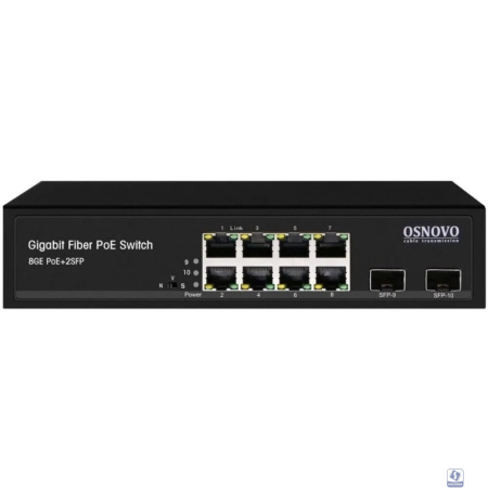 Коммутатор/ OSNOVO Гигабитный PoE коммутатор на 10 портов, 8 *10/100/1000 Base-T PoE, 2*SFP 1000 Base-T, PoE на порт до 30W, суммарно до 150W