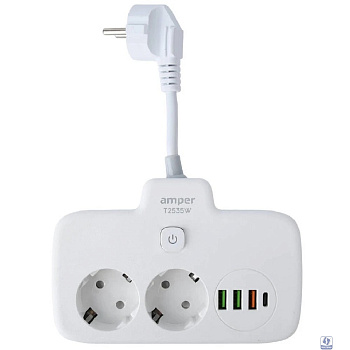 Amper сетевой удлинитель, 0,2м, 2 розетки, 3*0,75мм, 10А, 2500 Вт, 3usb, 1Type-C, 1кн, белый. [T2535W]