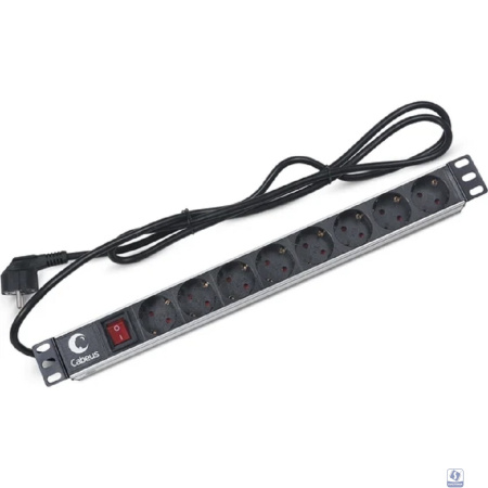 Cabeus PDU-8P-2EU Блок евророзеток для 19"шкафов, горизонтальный, 8 розеток, 16 A,выключатель, шнур 2м, алюминиевый корпус
