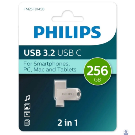 PHILIPS USB Drive 256Gb PHILIPS 2-in-1 USB 3.2 USB C, OTG, USB 3.2/Type-C, Металл, 100 MB/s