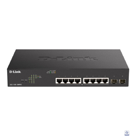 D-Link DGS-1100-10MPV2/A3A Настраиваемый L2 коммутатор с 8 портами 10/100/1000Base-T и 2 портами 1000Base-X SFP (8 портов PoE 802.3af/at, PoE-бюджет 130 Вт)