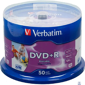 Verbatim  Диски DVD+R  4.7Gb 16-х, Wide Photo InkJet Printable,  50 шт, Cake Box (43512 )