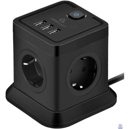 Cablexpert Сетевой фильтр Tower TWR-4-U3-B-3 (4р, 10А, 3xUSB, 3.1А, 3м, ур.защиты 2+) черный, коробка 