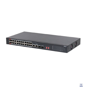 DAHUA DH-S3226-24ET-240 24-портовый неуправляемый коммутатор с РоЕ, 24xRJ45 100Mb PoE, 2хКомбо SFP/RJ45 1Gb uplink, суммарно 240Вт, коммутация 8.8 Гбит/с, MAC-таблица 8К