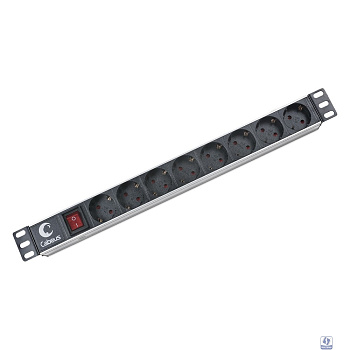 Cabeus PDU-8P Блок евророзеток для 19" шкафов, горизонтальный, 8 розеток, 10 A, выключатель, гнездо под шнур, алюминиевый корпус