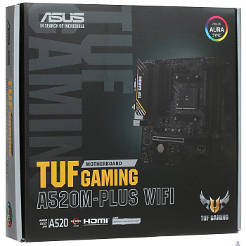 ASUS TUF GAMING A520M-PLUS WIFI (Socket AM4, mATX, 2xDDR4(128GB),  DP/VGA/HDMI, 1xPCIe 3.0x16/2xPCIe x1, 1xLAN, 4xSATA 6Gb/s, 1xM.2, BT, Wi-Fi ac, 4xUSB 3.2, 2xUSB 2.0, 1xPS/2)			