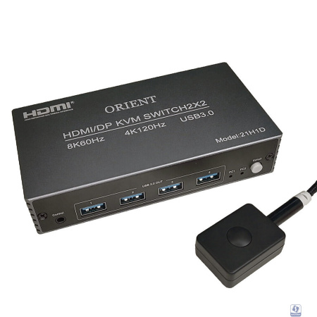 ORIENT HS21H1D 8K, HDMI/DisplayPort KVM переключатель 2x2 (2 устройства, 2 дисплея), порты 2xHDMI + 2xDP + 4xUSB 3.0 (клавиатура+мышь+внешние устройства), поддержка 8K@60 Гц/4K@120 Гц, (33452)