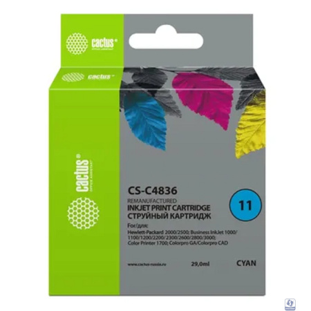 Картридж струйный Cactus CS-C4836 №11 голубой (29мл) для HP BIJ 1000/1100/1200/2200/2300/2600/2800 с чипом