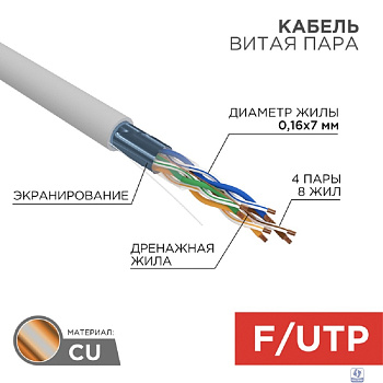 Rexant (01-0145) Кабель витая пара F/UTP, CAT 5e, PVC, 4PR, 24AWG, INDOOR, STRANDED, серый, 305м