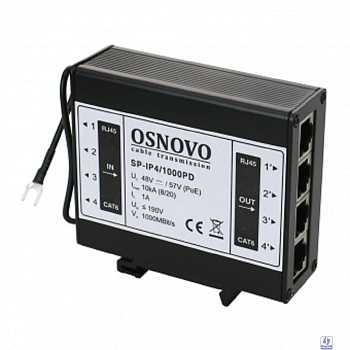 SP-IP4/1000PD Устройство грозозащиты для локальной вычислительной сети на 4 порта (скорость до 1000 Мбит/с) с защитой линий PoE (802.