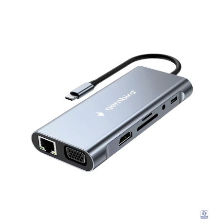 Gembird Док-станция Type-C 10в1: 3xUSB3.1, PD87W, Jack3.5, SD/TF, HDMI, RJ45, VGA, кабель15см (UHB-D4)